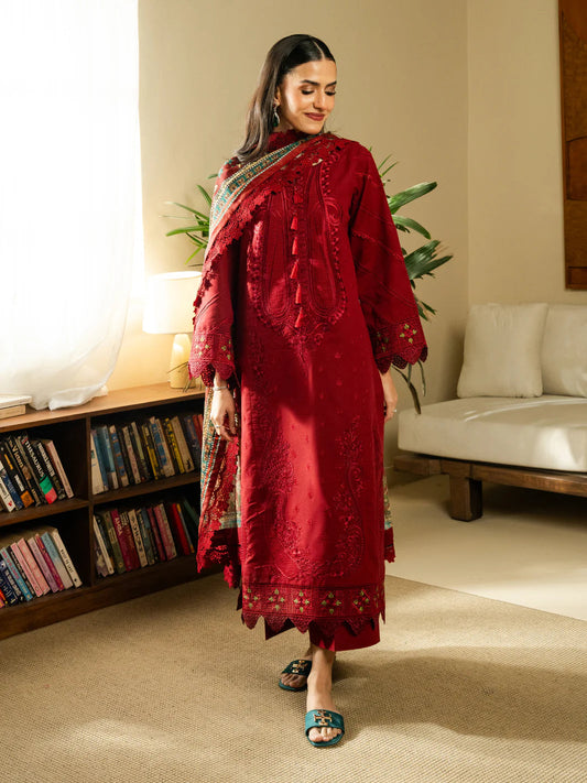 FULLY EMBROIDERED 3PC DHANAK DRESS WITH PRINTED DHANAK SHAWL-DAS5125