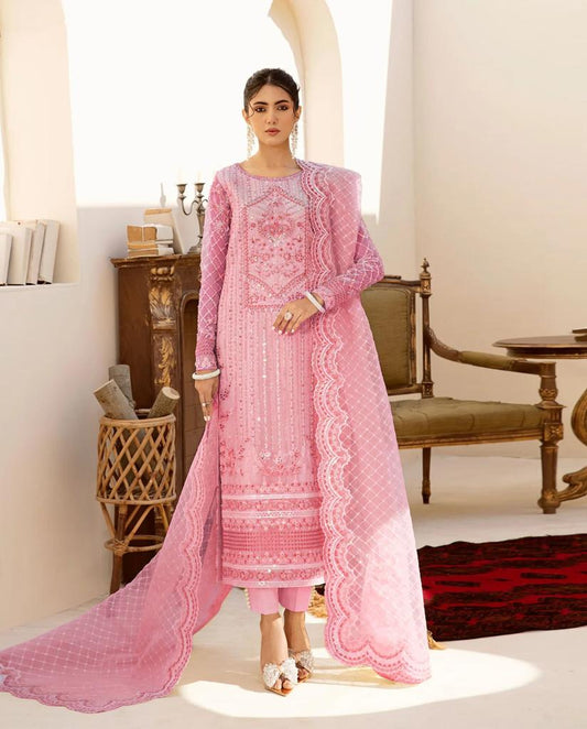 PINK AKBAR ASLAM hand embelished embroidery organza suits by aizah store