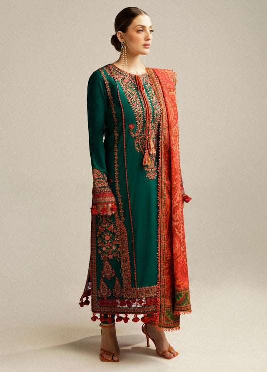 EMBROIDERED 3PC DHANAK DRESS WITH PRINTED DHANAK SHAWL-DAS/5140