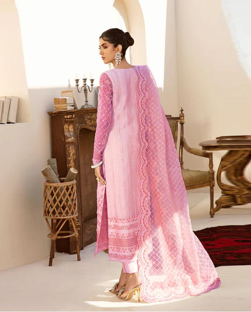 PINK AKBAR ASLAM  hand embelished embroidery suit organza designs by aizah store