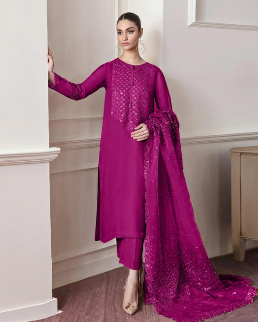 BAROQUE SOFT CHIFFON EMBROIDERY DRESS 3 PIECE 2346 Purple